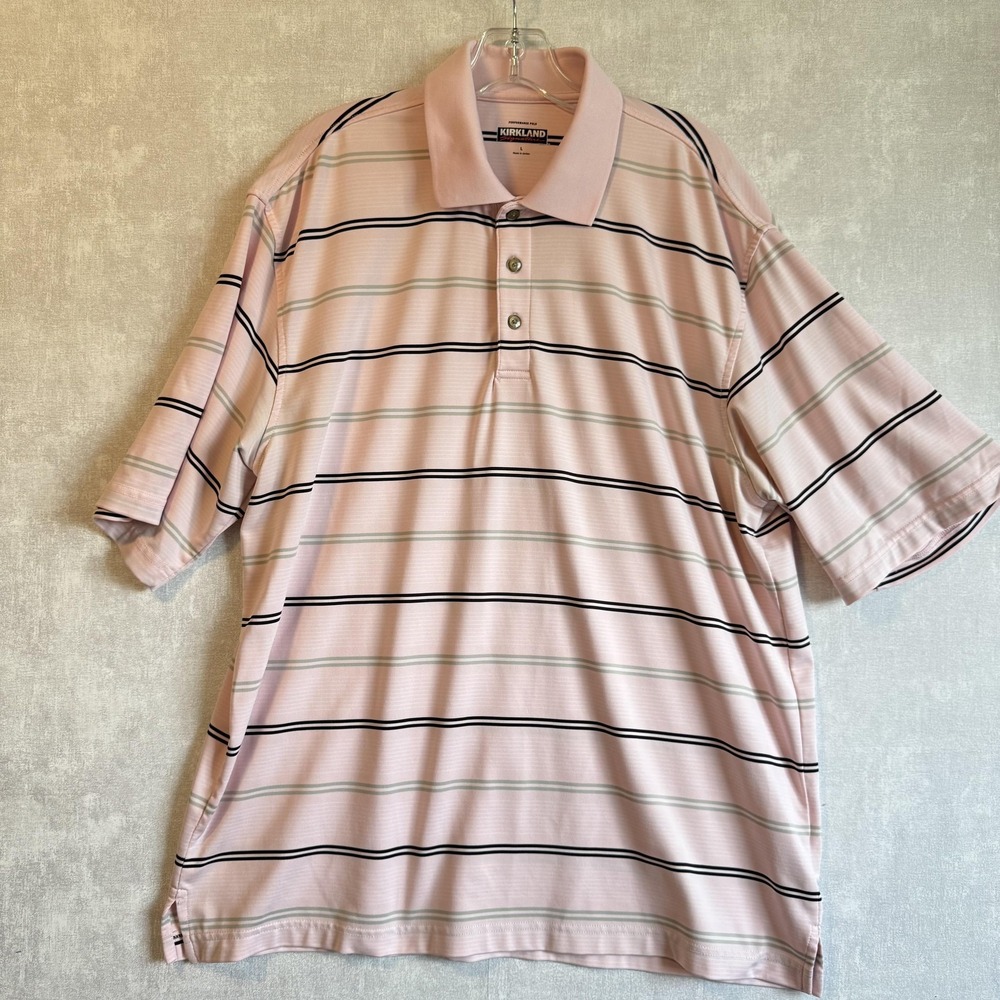 Kirkland Signature Polo Shirt Mens Large Pink‎ Striped Performance Golf Stretch